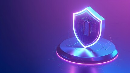 Poster - 3D illustration of a glowing shield symbol on a futuristic platform, representing cybersecurity and data protection.