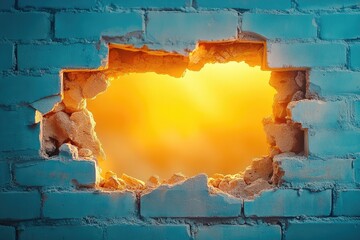 Canvas Print - A Hole in a Blue Brick Wall Revealing a Golden Light