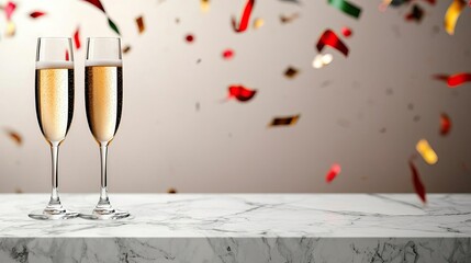 Marble counter mockup with a New Year celebration background featuring vibrant fireworks lighting up the night sky, editorial photography, empty copy space on the right