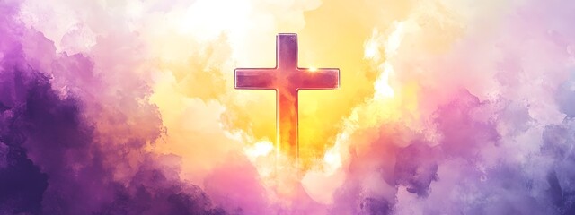 A cross with clouds behind it, shining light in the sky. The background is an abstract painting of purple and yellow colors.