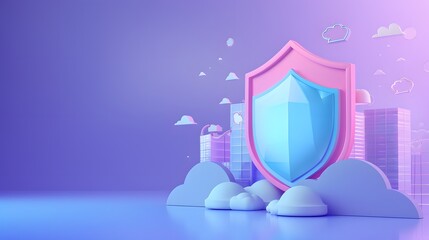 Poster - 3D illustration of a shield with a cityscape and cloud background, representing cybersecurity and data protection.
