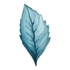 Watercolor illustration of a single blue leaf.