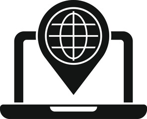 Poster - laptop displaying a globe inside a map pin, symbolizing global connectivity