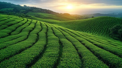 Poster - A lush green field with rows of plants and a beautiful sunset in the background