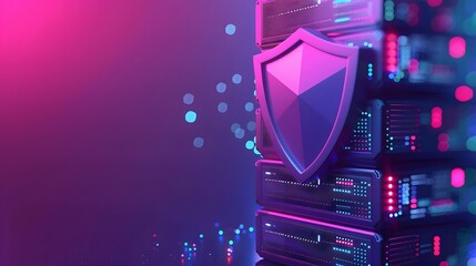 Poster - A futuristic server stack with a shield icon representing cybersecurity and data protection, illuminated with neon lights.
