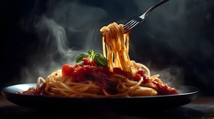 Food photography of pasta with tomato sauce on a plate, a fork pulling up the spaghetti, dark background