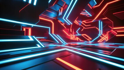 Poster - Abstract Background with Neon Blue and Red Lines