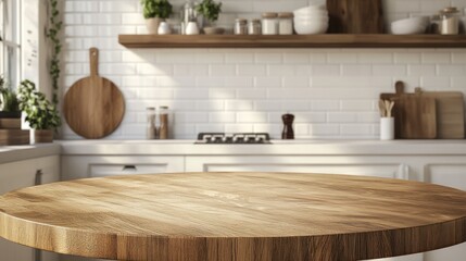 Canvas Print - Wooden Tabletop in a Kitchen with White Subway Tile Backsplash