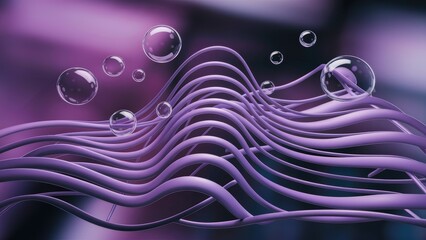 Poster - abstract wavy lines and bubbles on a blurred purple gradient background technology concept illustrat
