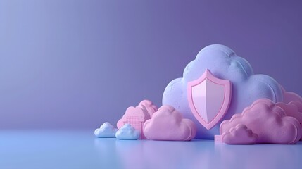 Poster - Cloud security concept with shield and pastel clouds against a soft purple background. Data protection and safety theme.