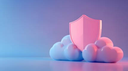 Poster - Concept of cloud security with a pink shield symbolizing data protection, placed on white clouds with a blue and pink gradient background.