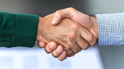 Close-up of two hands shaking, symbolizing partnership, agreement, and cooperation in a professional setting.