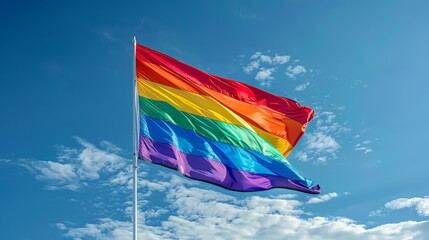 Rainbow flag waving proudly against a bright blue sky with white clouds.