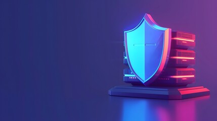 Digital data protection concept with shield icon and server in neon light.