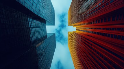 Vertical view of skyscrapers reaching towards the blue sky with clouds