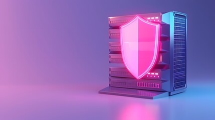 Digital server protected by a glowing shield, representing data security and cyber protection in a futuristic environment.