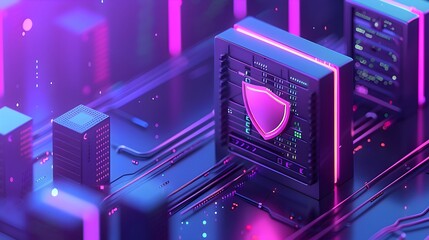 Poster - Futuristic data center with glowing cyber security shield, representing protection of digital information in a modern server environment.