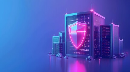Poster - Futuristic data center with glowing neon shield, representing cybersecurity and server protection in a digital landscape.