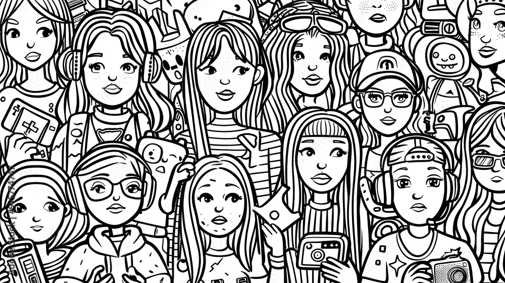 This is a detailed illustration portraying a diverse group of young ...