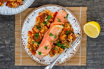 Canvas Print - Baked salmon with chorizo rice