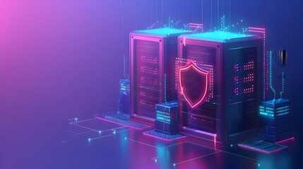 Poster - Futuristic digital server room with glowing neon lights, representing cybersecurity and data protection in a virtual environment.