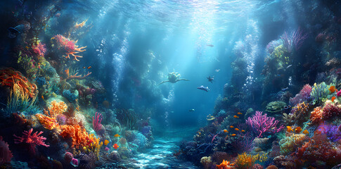 Wall Mural - Magical underwater world with fish and coral reefs