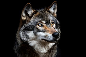 Portrait of adult wolf on black background