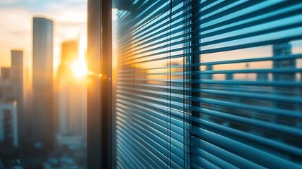 Wall Mural - A vibrant sunset view through modern blinds, showcasing city skyscrapers and warm hues reflecting on the glass.