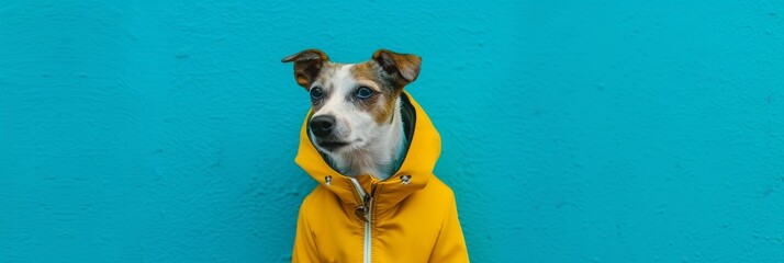 A dog wearing a yellow jacket is standing in front of a blue wall