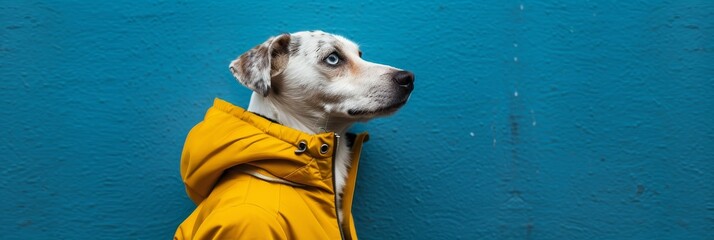 A dog wearing a yellow jacket is standing in front of a blue wall