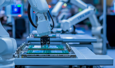 Poster - A robot is working on a circuit board. The robot is white and has a black handle