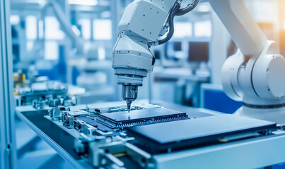 Poster - A robot is working on a computer chip. The robot is white and has a drill on its arm