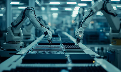 Poster - Two robots are working on a computer chip. Concept of precision and efficiency, as the robots are working in a factory setting to produce a product