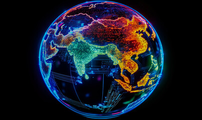 Aufkleber - A colorful globe with the continents of Asia and India lit up. The globe is surrounded by a dark background