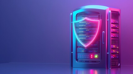 Poster - Futuristic server rack with glowing neon shield security icon representing data protection, cybersecurity, and network safety in a digital environment.