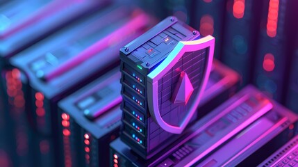 Poster - Futuristic server racks with cybersecurity shield, representing data protection and network security in a technology data center.