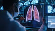 © Anthichada - A doctor looking medical diagnosis of the human lung on screen in modern laboratory. Surgeon examines a digital holographic of human lung for disease. Medical and technology concept