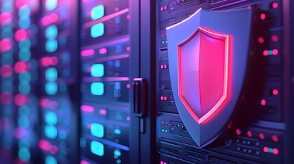 Poster - Futuristic server room with data security shield, representing cybersecurity and protection in a data center environment.