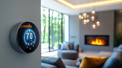 Modern smart thermostat on a wall, displaying temperature, in a stylish living room with a cozy ambiance and natural light.