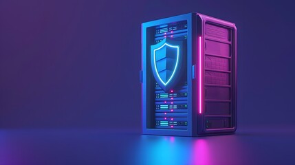 Poster - Futuristic server with neon lights and a glowing shield symbol, representing cybersecurity, data protection, and advanced technology.