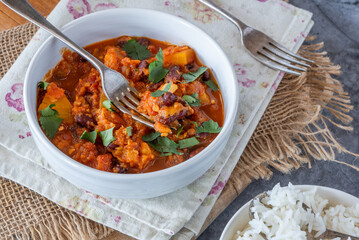 Wall Mural - Vegetarian kidney beans and pineapple curry with basmati rice