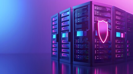 Poster - Modern data center server racks with glowing shield icon representing cybersecurity and protection in a neon light setup.