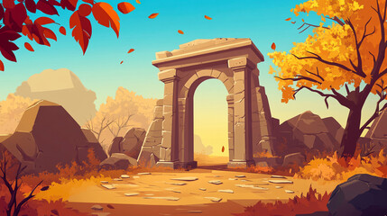 cartoon, simple, ancient ruins background in autumn, warm --ar 16:9 --style raw --v 6.1 job id: 6cfe