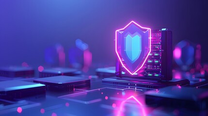 Neon shield and server in futuristic digital environment representing data security, cybersecurity, and technology.