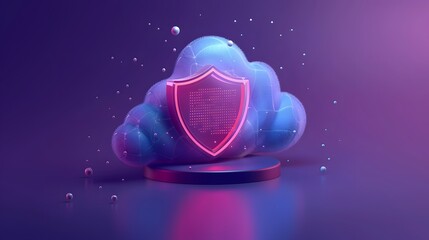 Poster - Neon shield symbol on cloud icon. Concept of cybersecurity, data protection and cloud computing. Futuristic and secure data storage illustration.