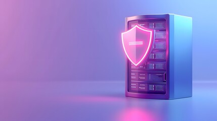 Poster - Secure server with digital shield, representing data protection and cybersecurity in a technology environment.