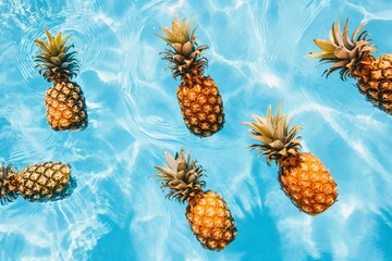 Pineapples floating in blue pool water. Summer and vacation concept. Image for party invitations. 