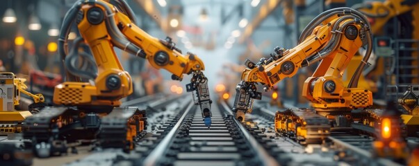 Poster - industrial robotic arms working on an assembly line in a factory