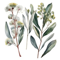 Wall Mural - Watercolor illustration of green leaves and white flowers on white background.