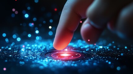 Poster - A finger touching a glowing interactive surface with vibrant lights at night